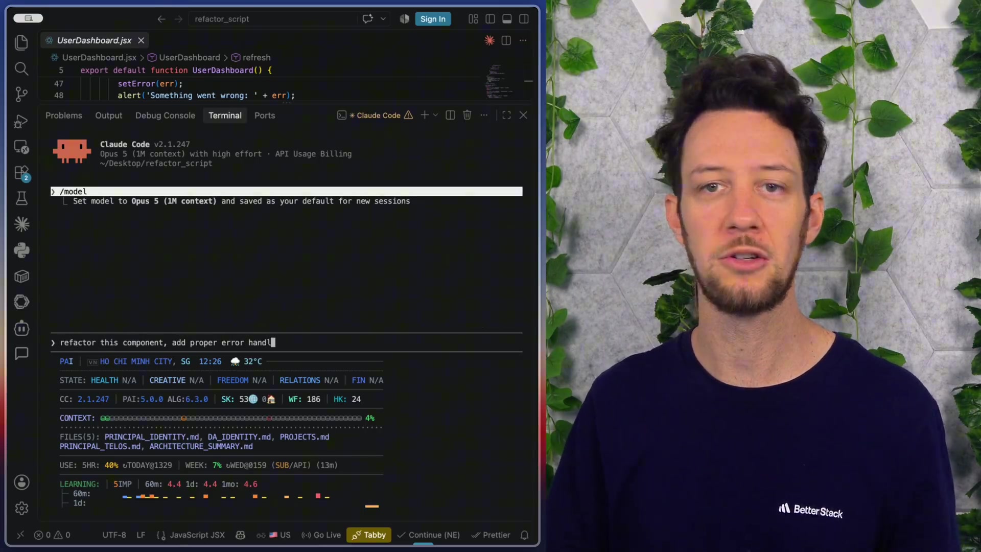 A close-up of the user prompt being typed into the VS Code terminal, instructing the AI to refactor the component.