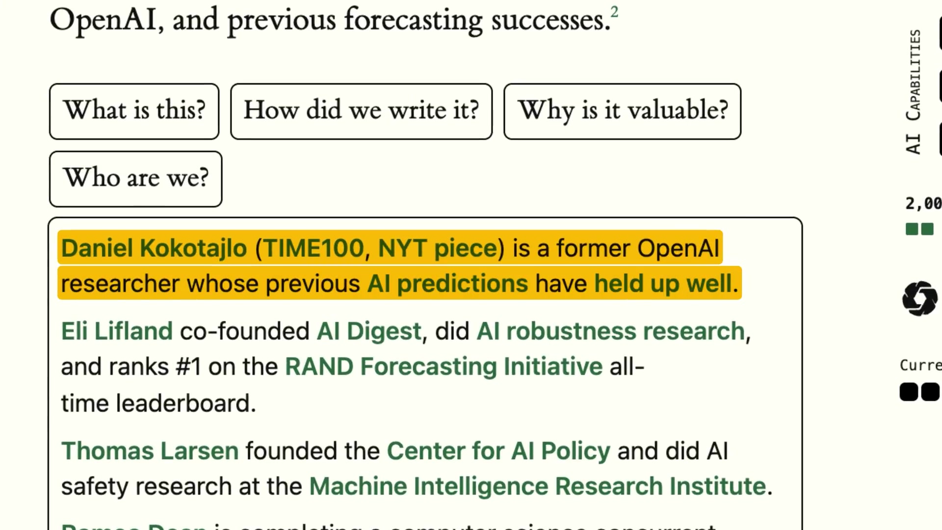 A screenshot from the ai-2027.com website highlighting the author Daniel Kokotajlo's credentials.
