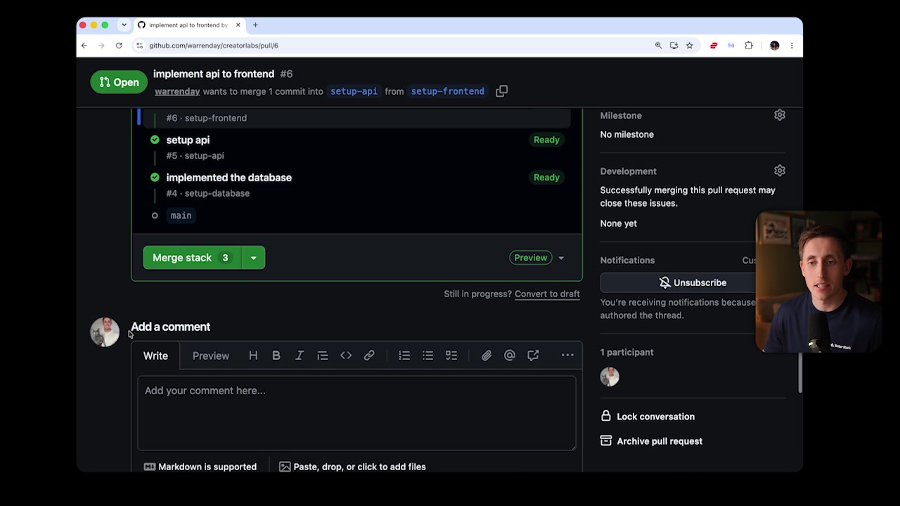 The UI widget within a pull request showing the full stack and the prominent "Merge stack" button.