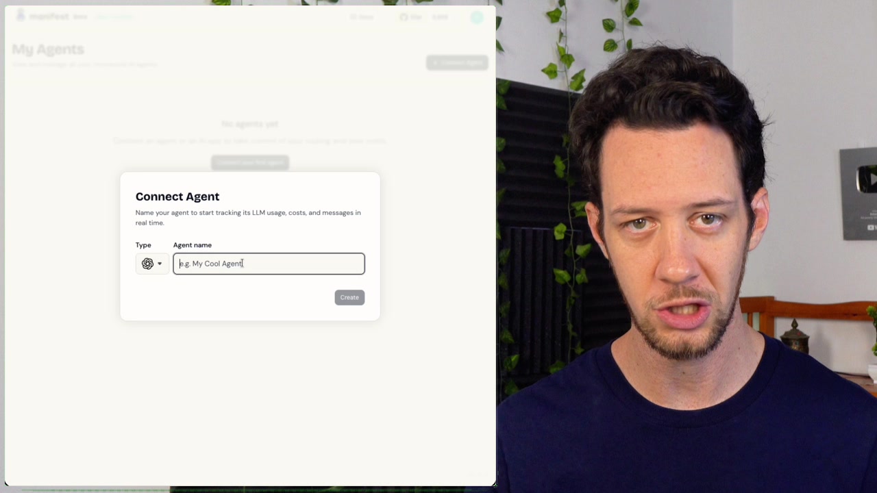 The "Set up agent: openai" modal showing the Base URL and API Key needed to connect an application to Manifest