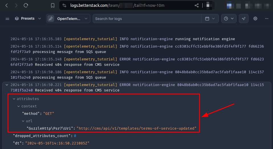Better Stack error log context