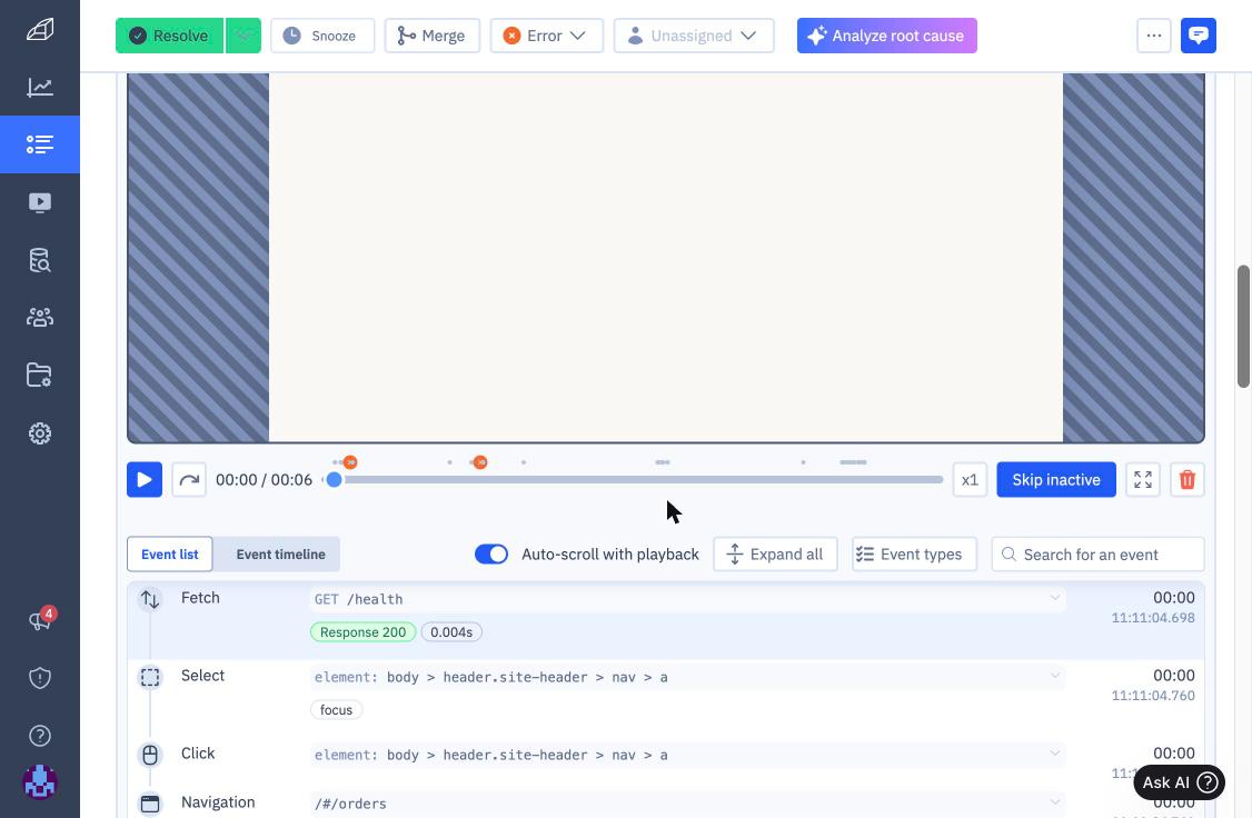 Rollbar replay player and event list on an item