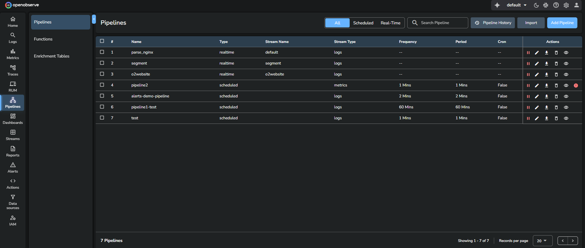 SCREENSHOT: OpenObserve pipelines UI
