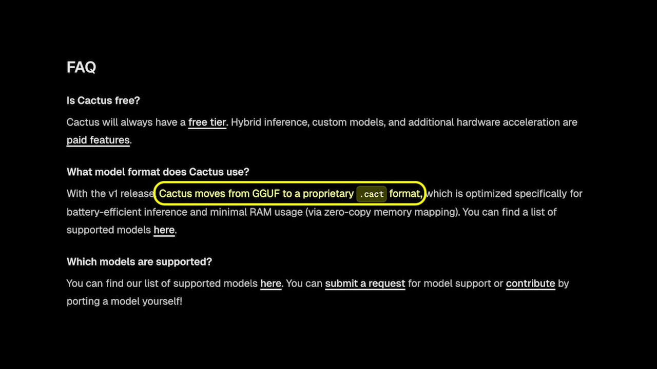 FAQ section from the Cactus website explaining the move from GGUF to the proprietary .cact format