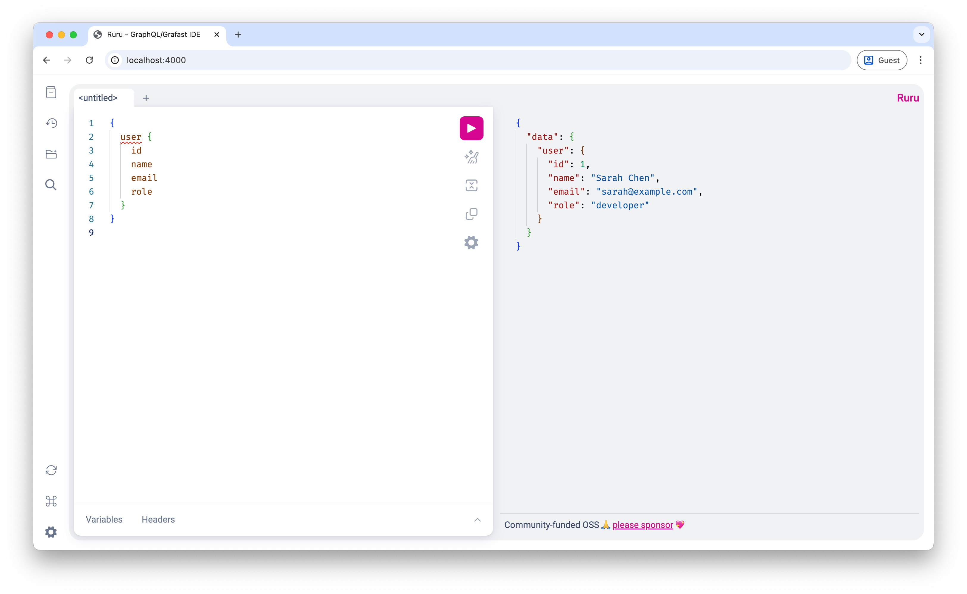Screenshot of GraphiQL showing user query results