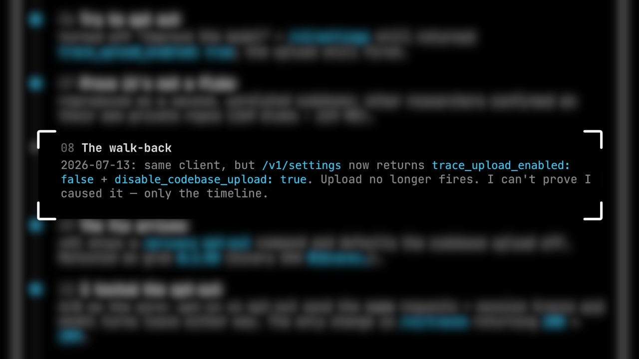 A screenshot from the report detailing "The walk-back," showing the new API settings response that disabled uploads.