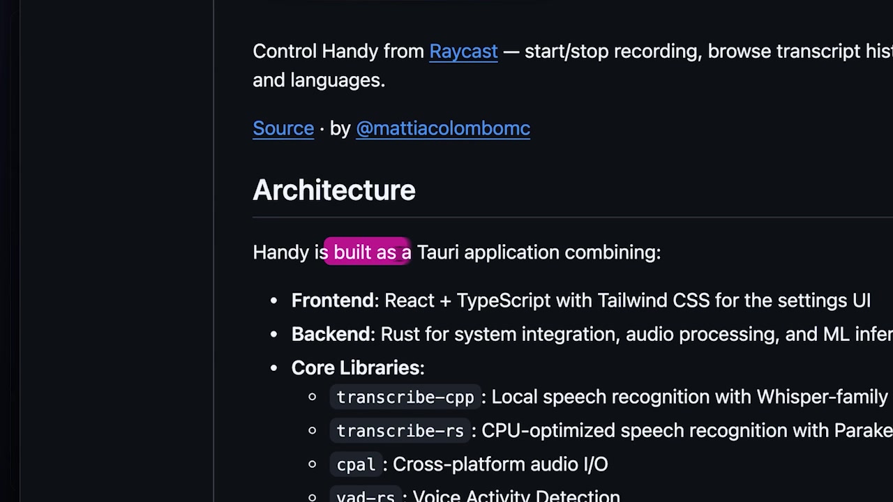 A screenshot of the Handy GitHub page shows the Architecture section, detailing its combination of a Rust backend and a React/TypeScript frontend built with Tauri.