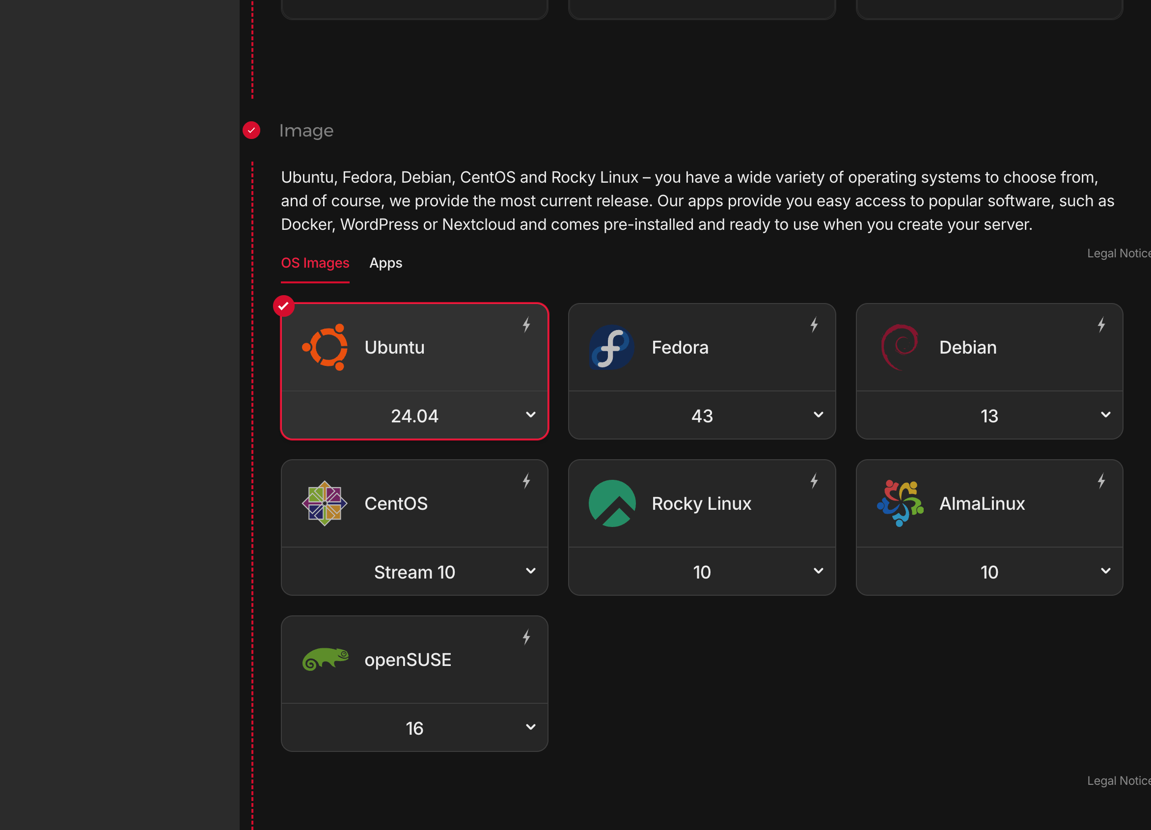 Screenshot: OS image selector