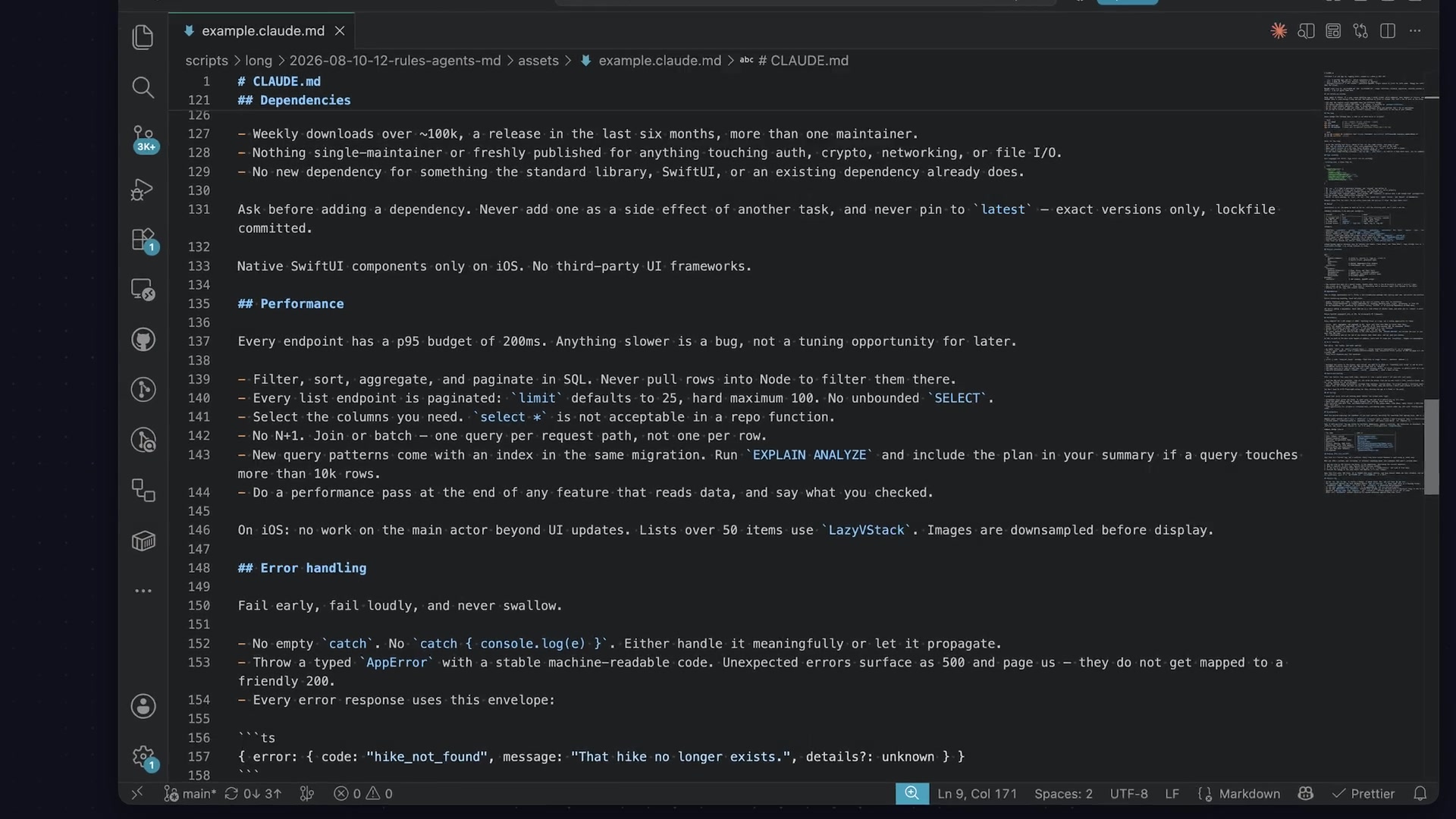 A list of performance rules in a code editor, focusing on SQL best practices like pagination, column selection, and avoiding N+1 queries.