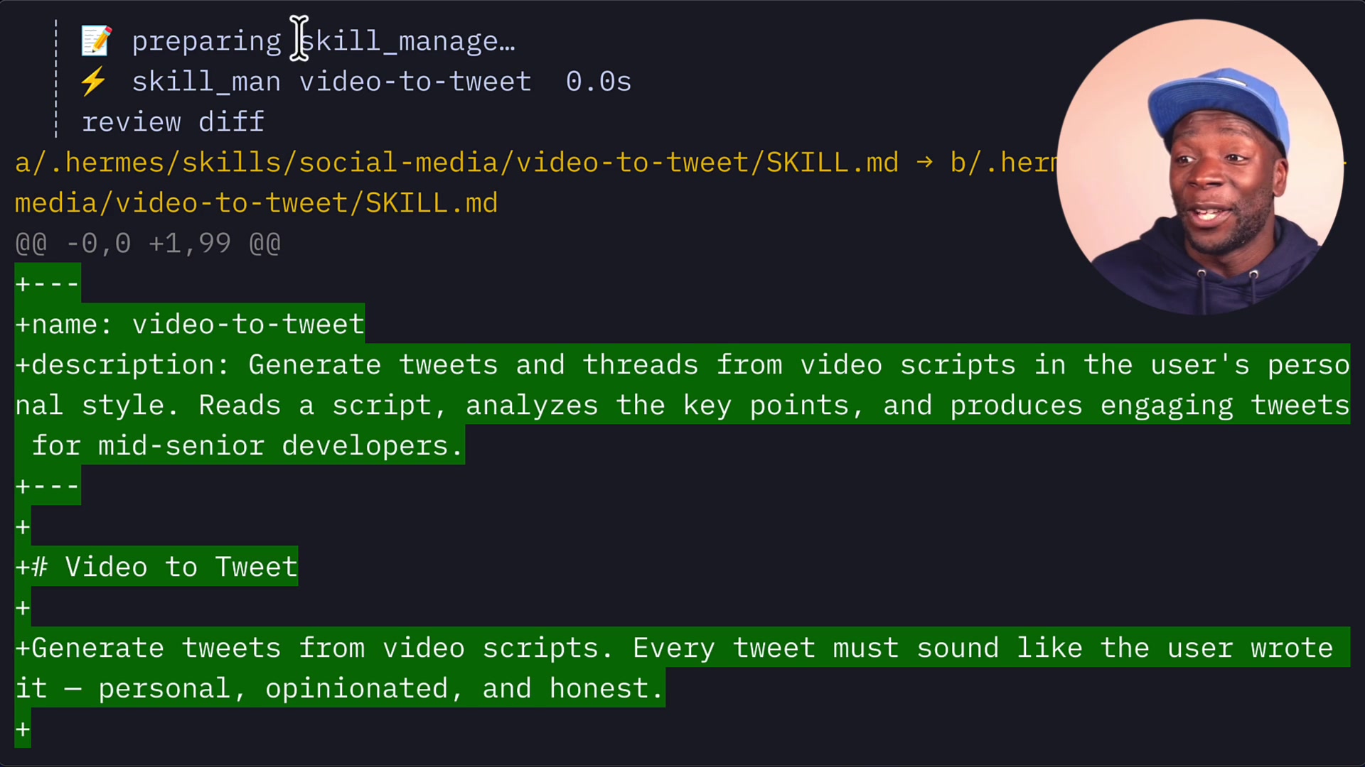 The auto-generated SKILL.md file showing structured instructions including User Profile, Voice, Persona, and Word Choices learned during the session
