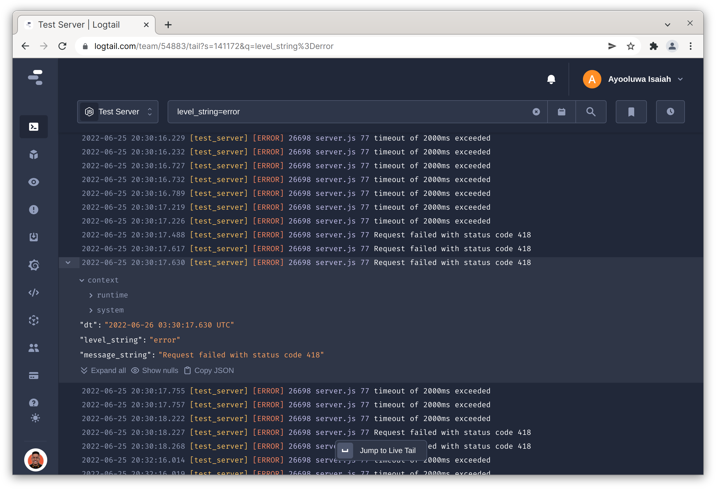 Filter error logs in Logtail