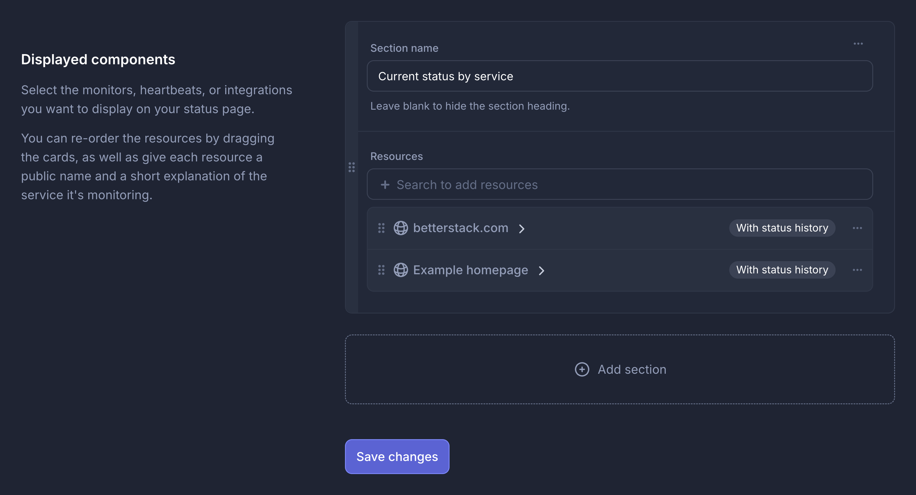 Status page Structure tab with displayed components