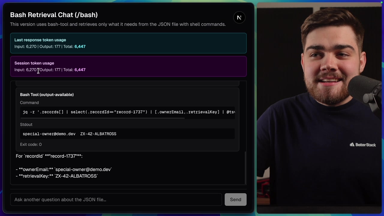 A screenshot of the "Bash Retrieval Chat" UI. It shows the AI using the `jq` command and a session token usage of only 6,447 tokens—a >95% reduction.