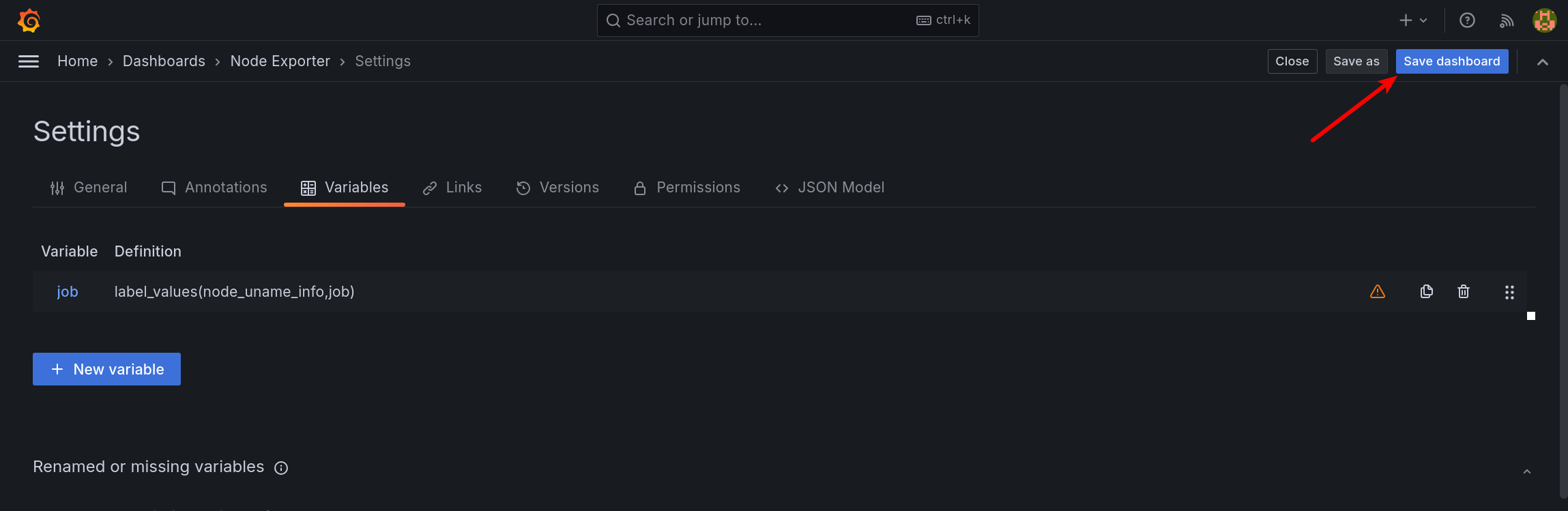 Saving the Grafana dashboard