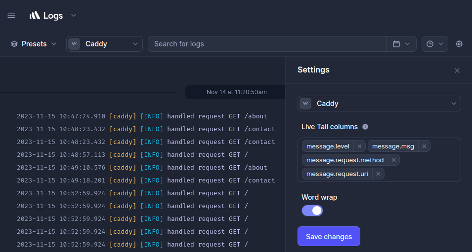 Modified "Live Tail" columns