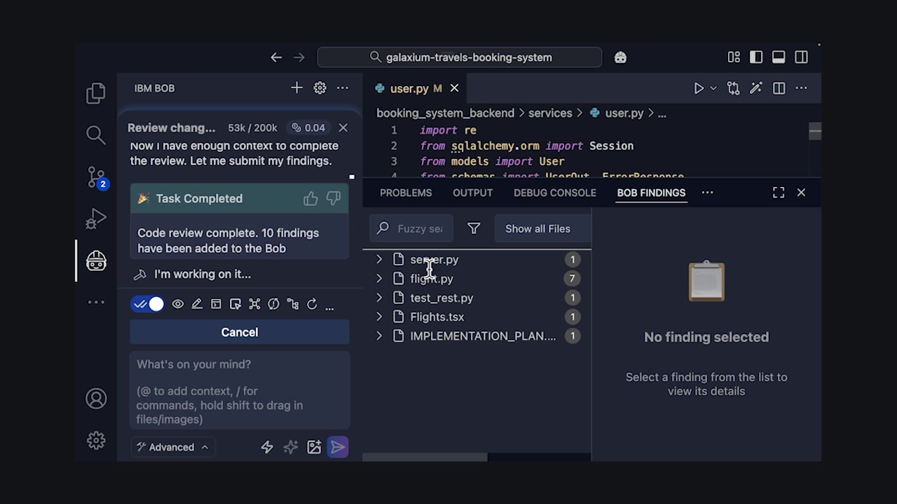 The Bob Findings panel showing a dedicated UI element that organizes and displays all issues discovered during a code review