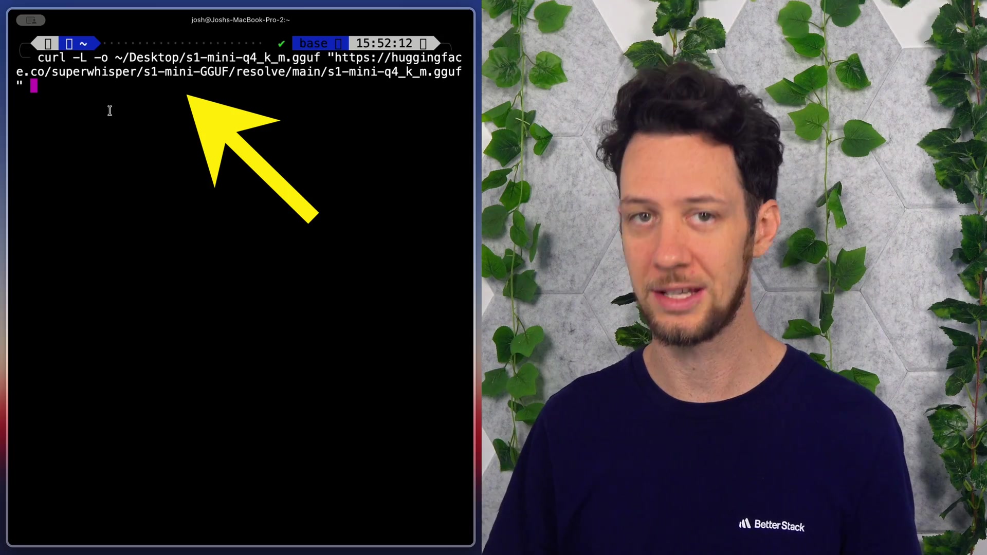 A terminal window showing the exact `curl` command used to download the S1-mini GGUF model file from Huggingace.