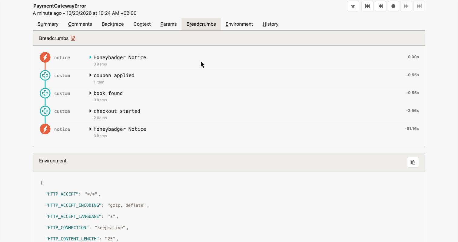 Honeybadger payment error breadcrumbs with relative times
