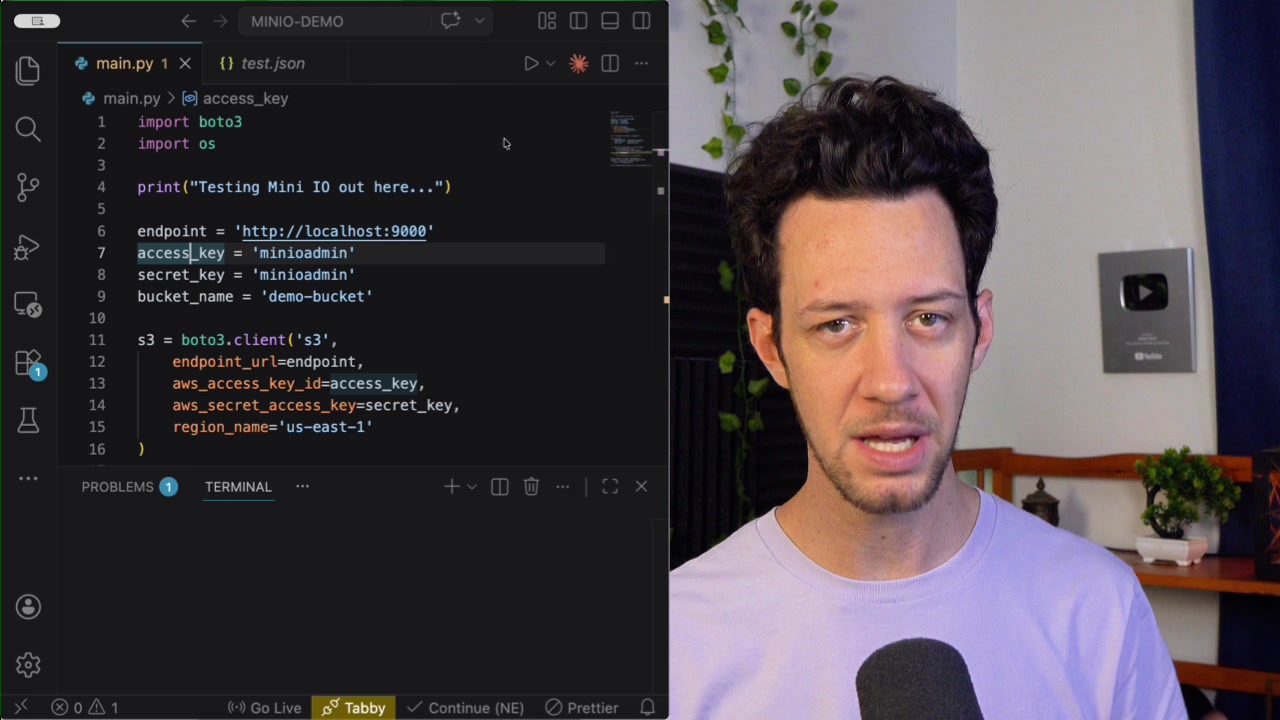 Python script in a code editor highlighting the import boto3 line demonstrating use of the standard AWS SDK to connect to MinIO