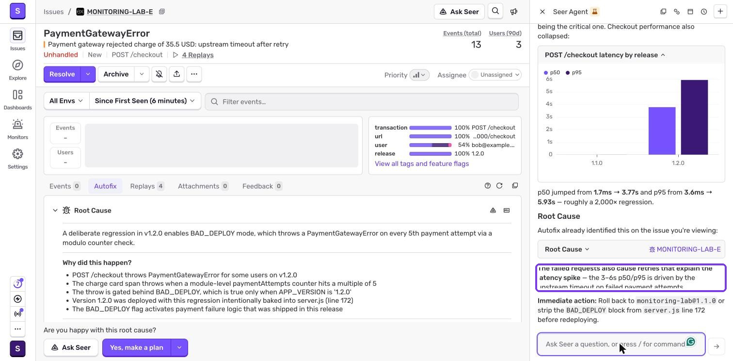 Seer Agent blaming the payment retries for the slowdown