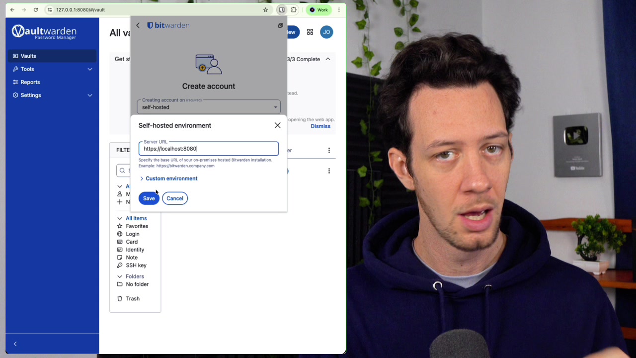 Bitwarden extension settings page highlighting the Server URL field where the self-hosted address is entered