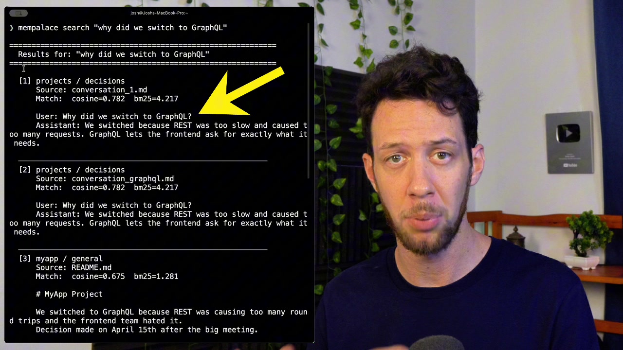 Terminal output of a mempalace search command showing multiple results with source file names and verbatim text from past conversations and documents