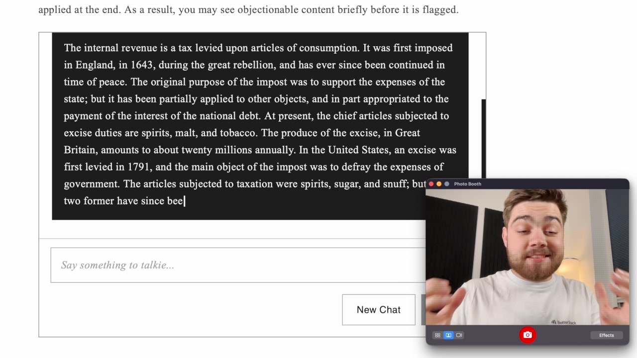 Talkie interface showing its response to "What is the internet" explaining internal revenue tax instead
