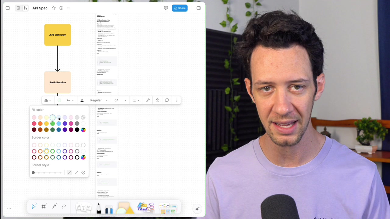 Simple architecture diagram with colored shapes and connecting arrows built alongside the API spec document on the infinite canvas