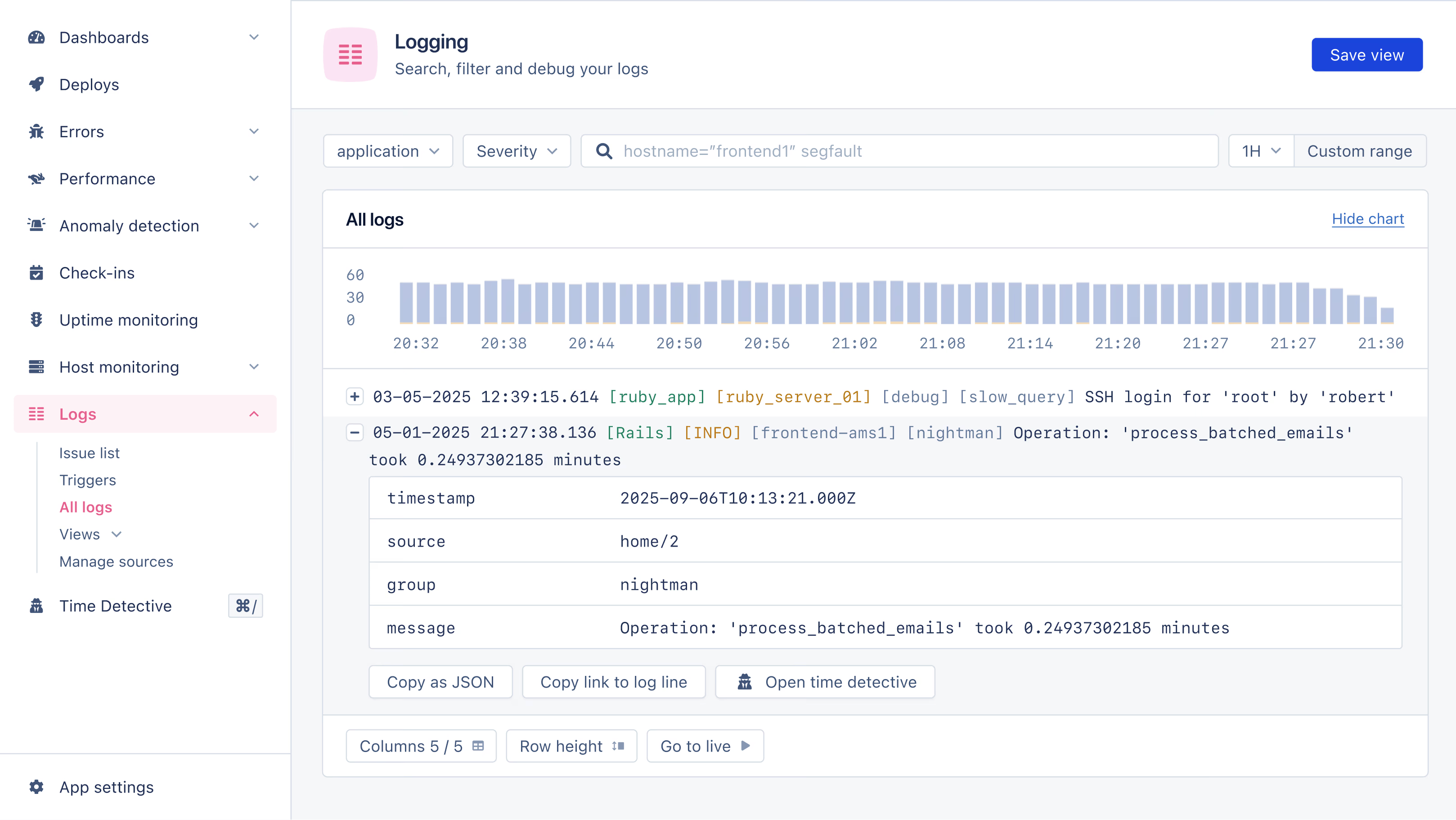 SCREENSHOT: AppSignal log management interface