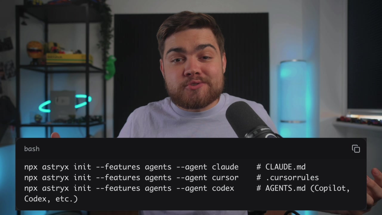 A list of CLI commands to initialize Astryx for different AI agents like Claude, Cursor, and Copilot.