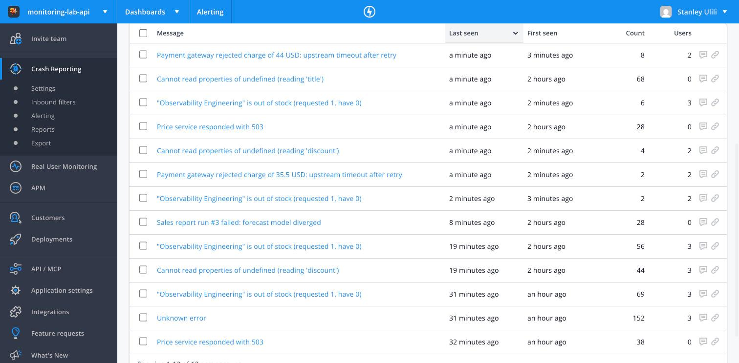 Raygun errors after the bad release, with the payment error split by amount