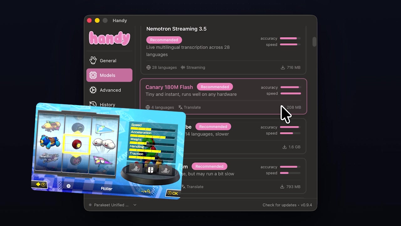 An illustrative comparison showing how choosing a model in Handy, with its speed and accuracy sliders, is like picking a character in a racing game with different stats.
