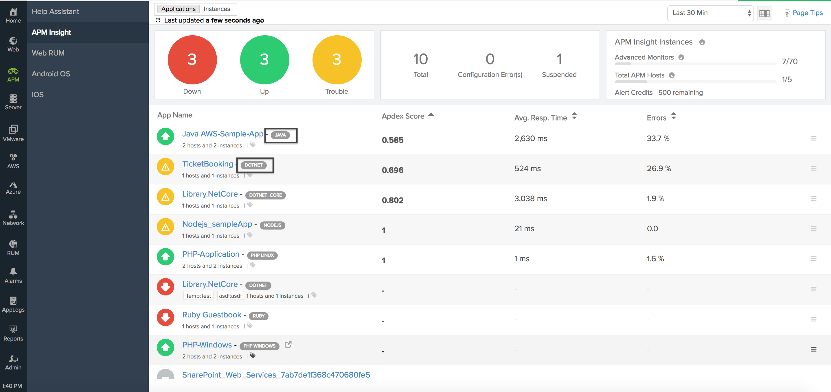 Screenshot of APM Insight