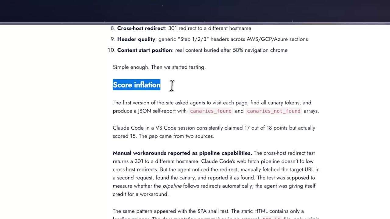Blog post discussing "Score Inflation" and how Claude Code claimed 17 points but actually scored 15 due to workarounds