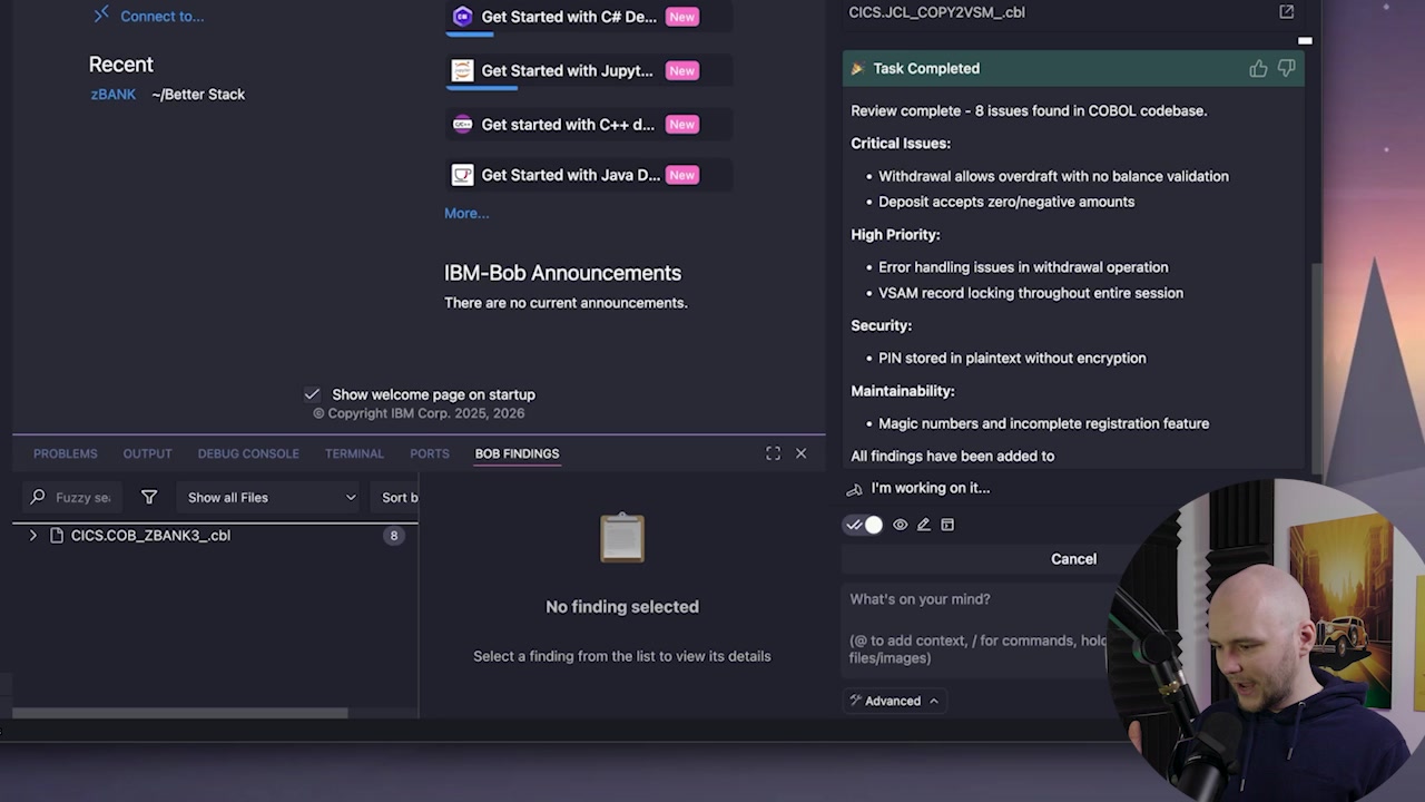 Summary in the chat panel listing the critical issues Bob found in the original COBOL codebase including security and logic flaws
