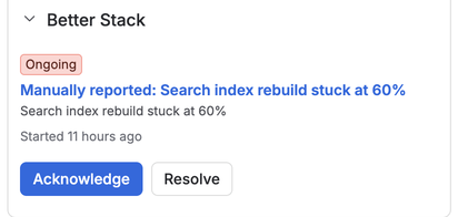 The Better Stack panel on a Jira work item, with Acknowledge and Resolve
