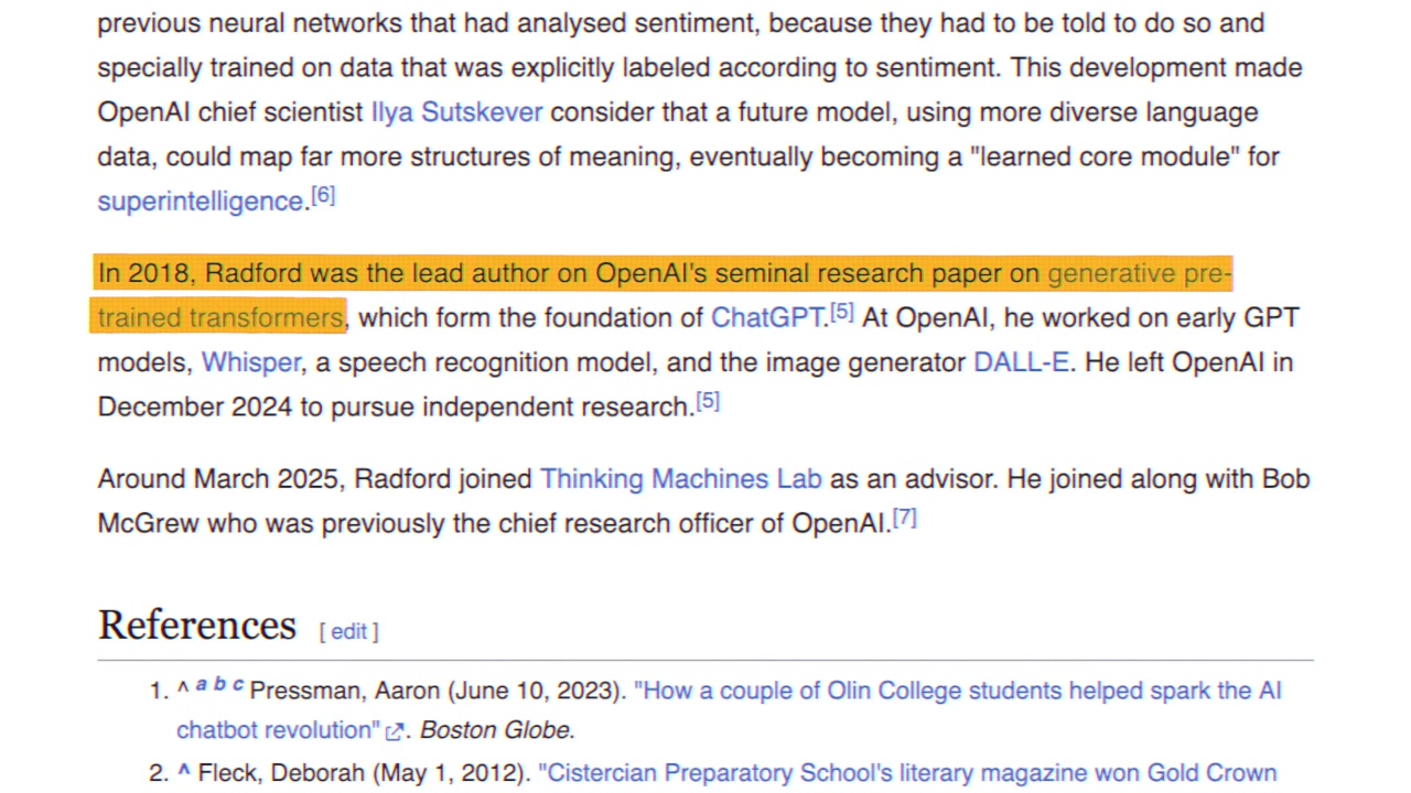 Screenshot of Alec Radford's Wikipedia page highlighting his role as lead author on OpenAI's 2018 paper on generative pre-trained transformers