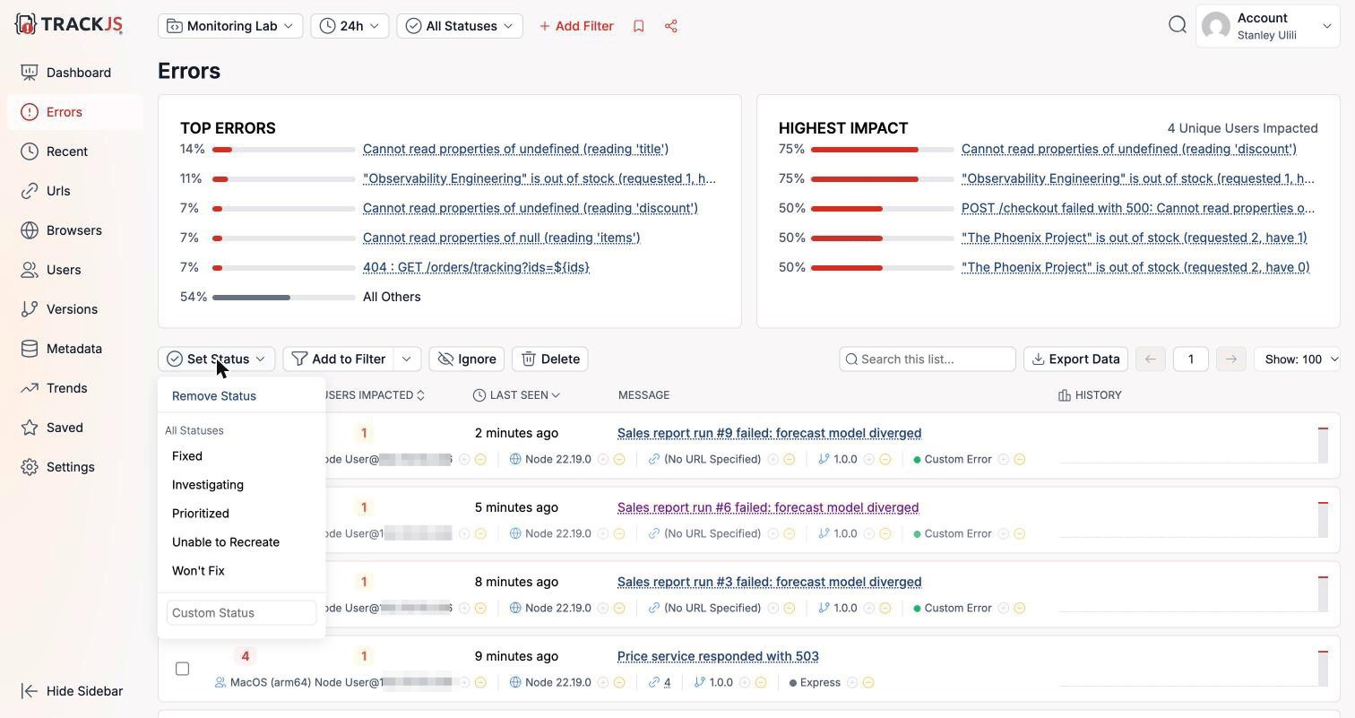 TrackJS Set Status menu