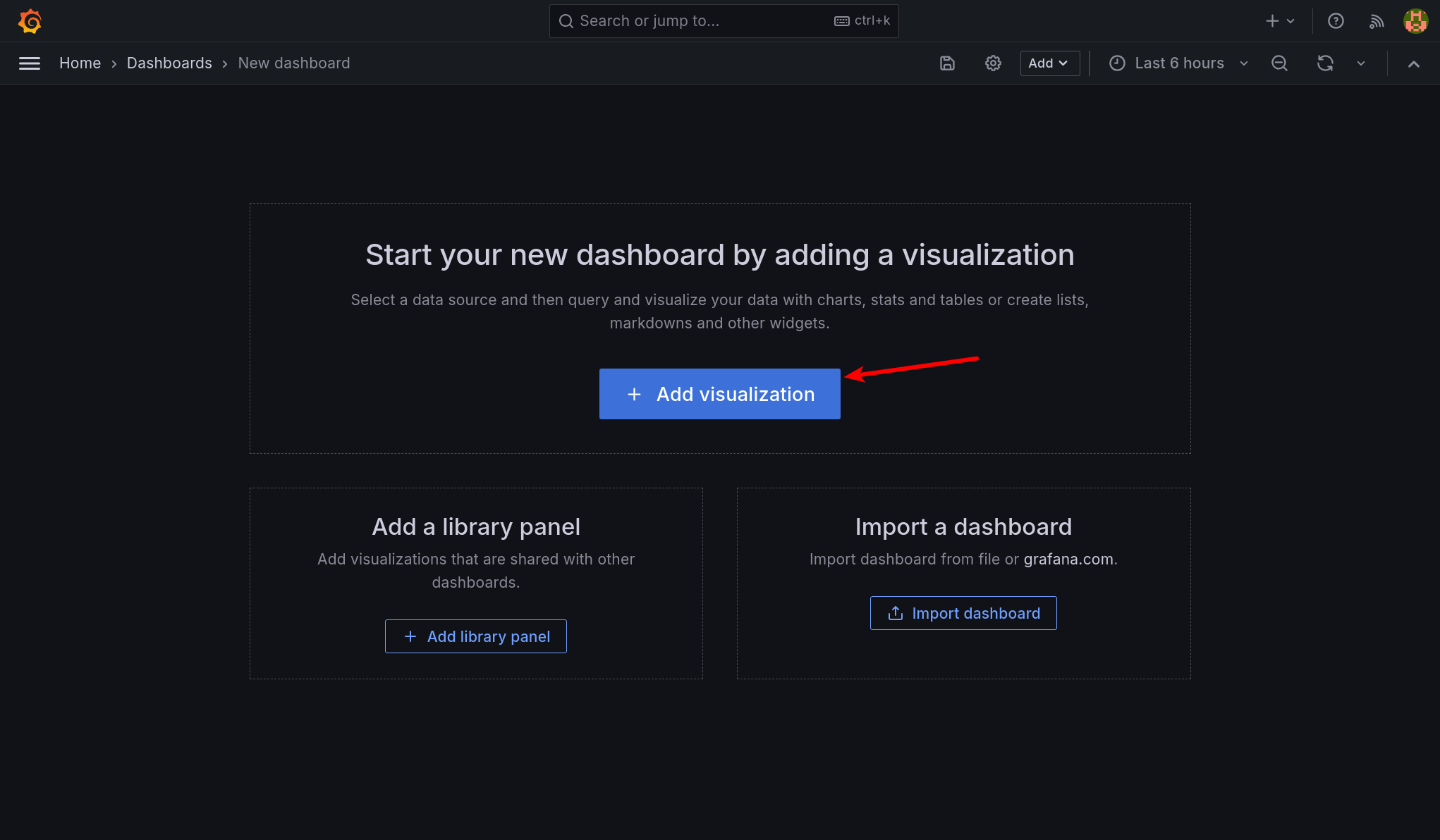 Grafana new dashboard page