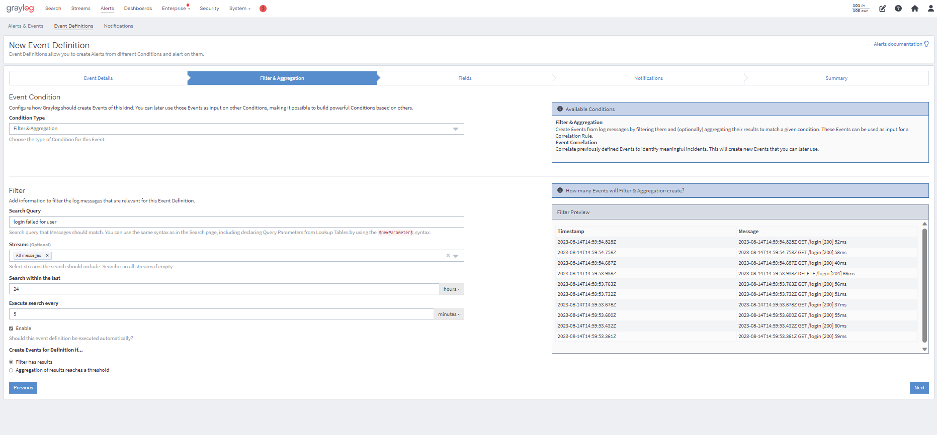 SCREENSHOT: Graylog event definition configuration