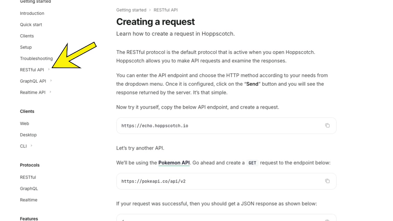 A view of the Hoppscotch documentation, clearly listing the various supported API protocols and client platforms.