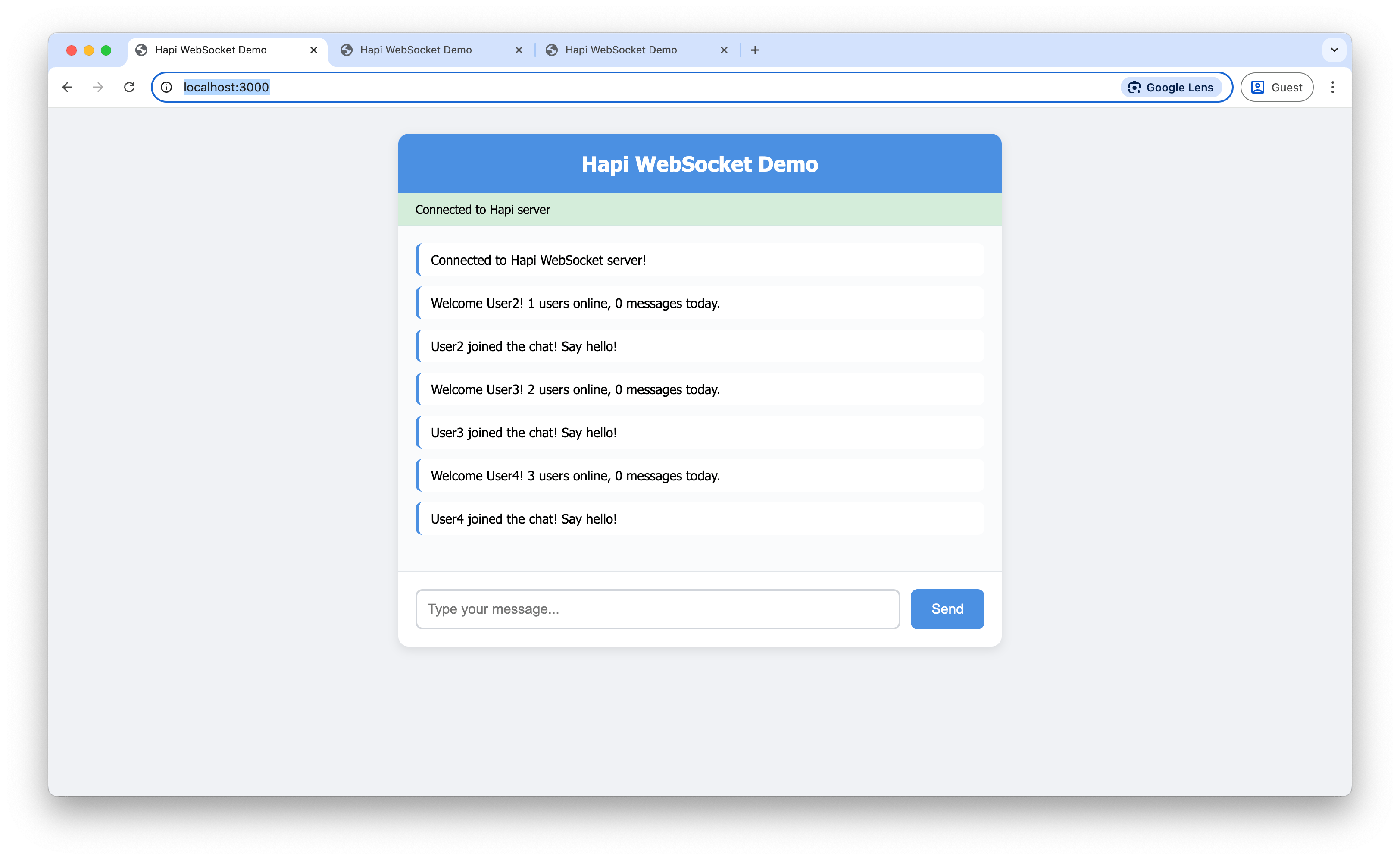 Screenshot of timestamped message broadcasting across multiple clients