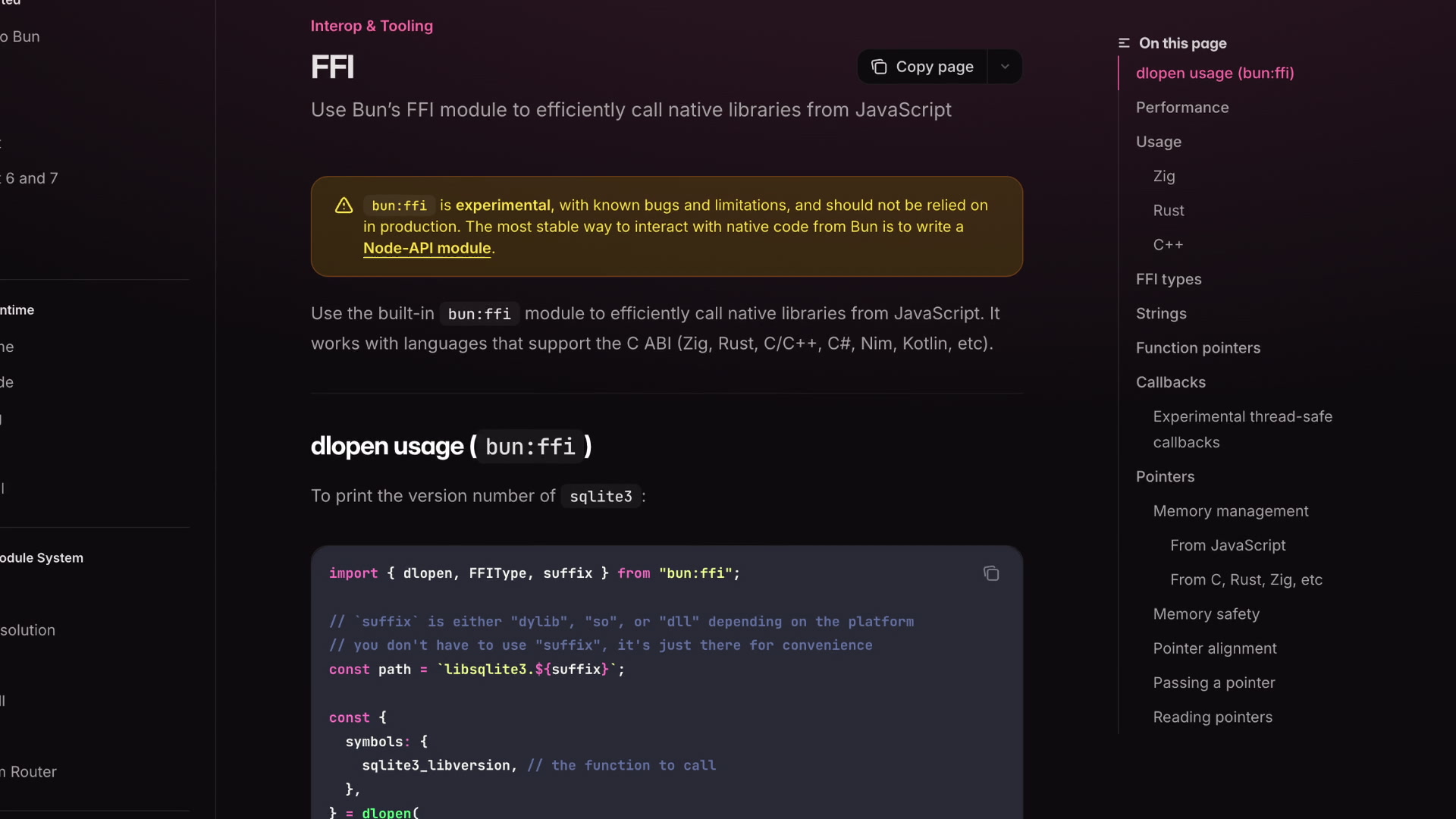 Bun FFI documentation page illustrating its purpose to efficiently call native libraries from JavaScript