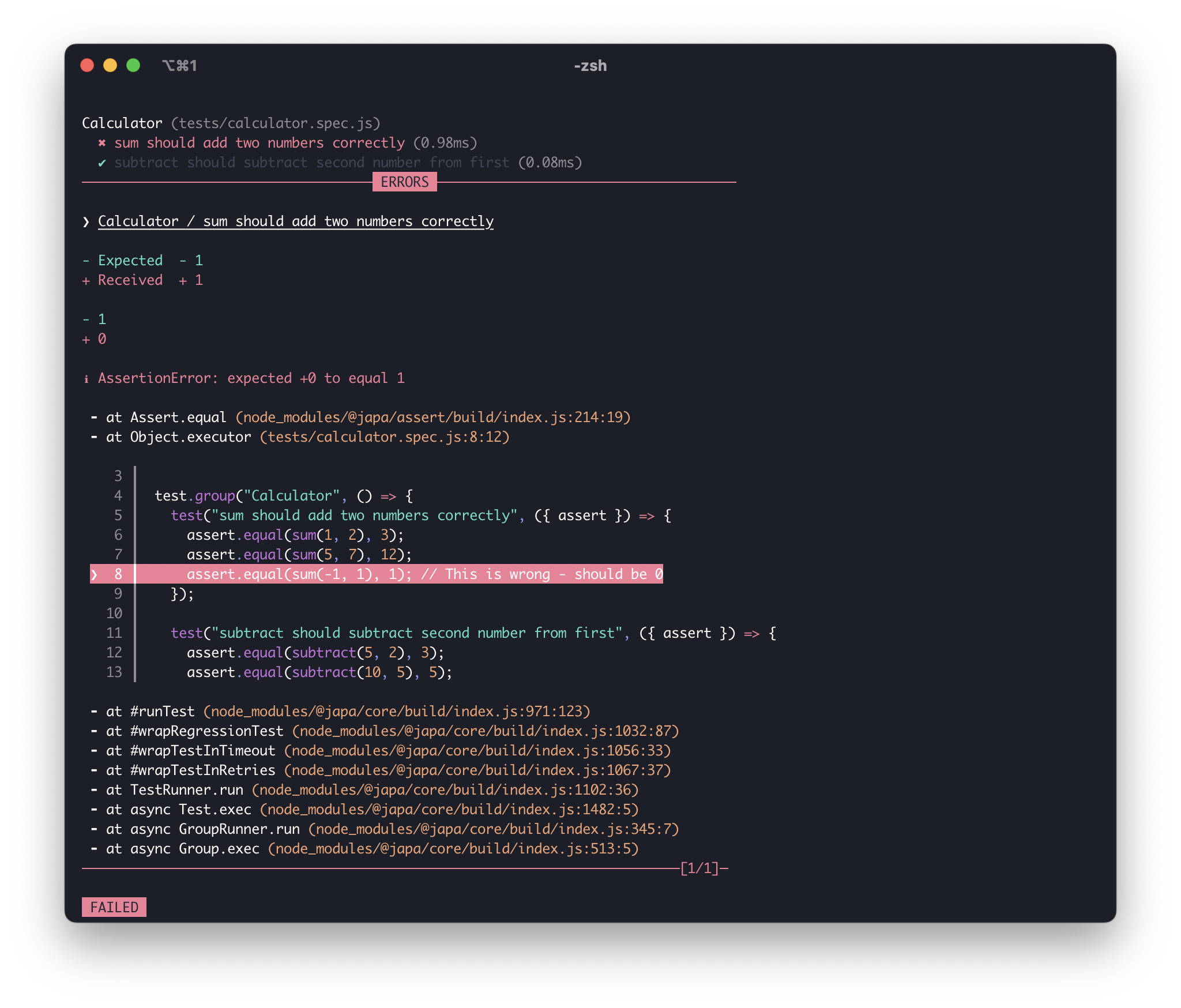 Screenshot of the failing test
