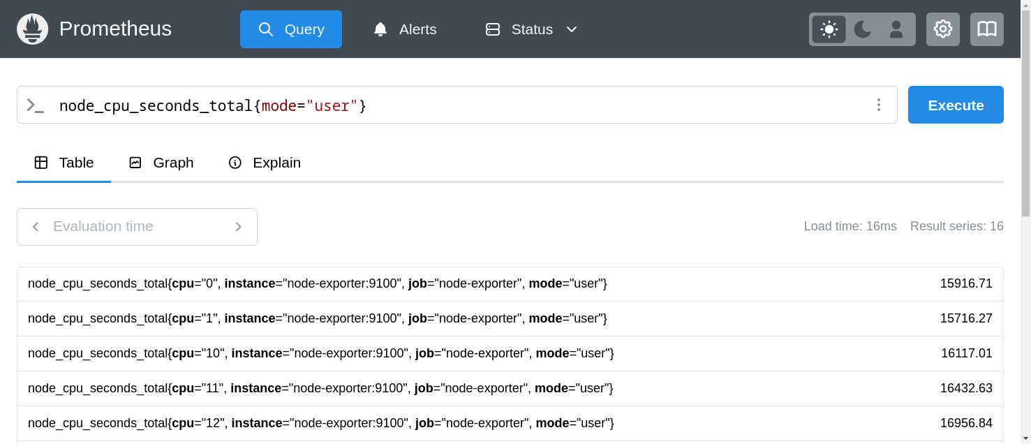 Screenshot of node_cpu_secodns_total metric in Prometheus