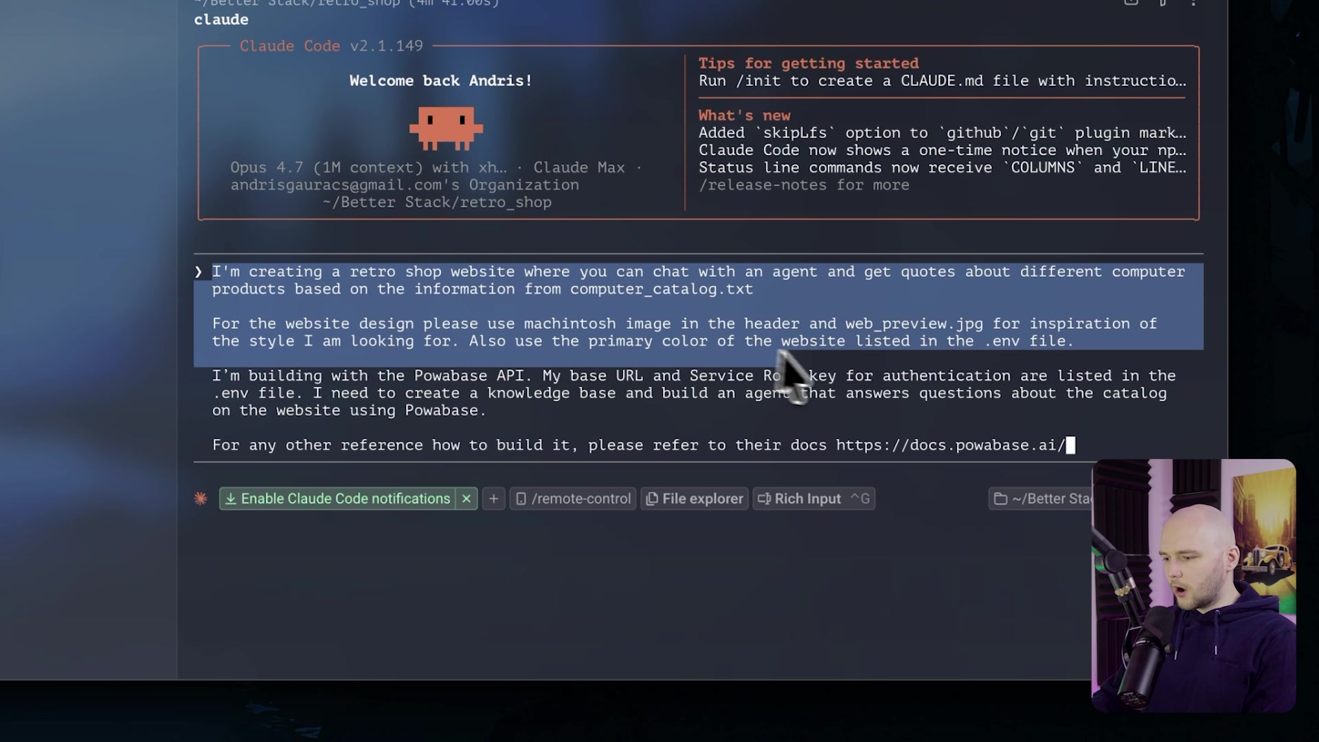 Terminal showing the full multi-part prompt being given to the Claude Code AI assistant