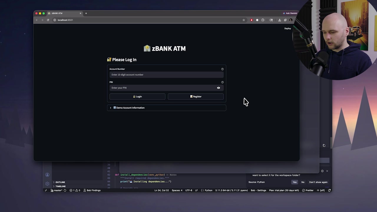 The fully functional zBANK ATM web application running in a browser displaying a clean dark-themed login page