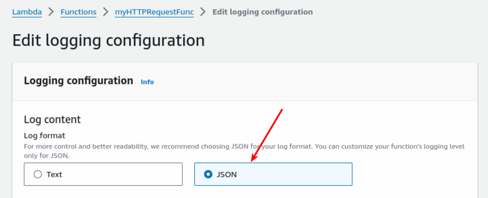 Configure JSON logging in AWS Lambda