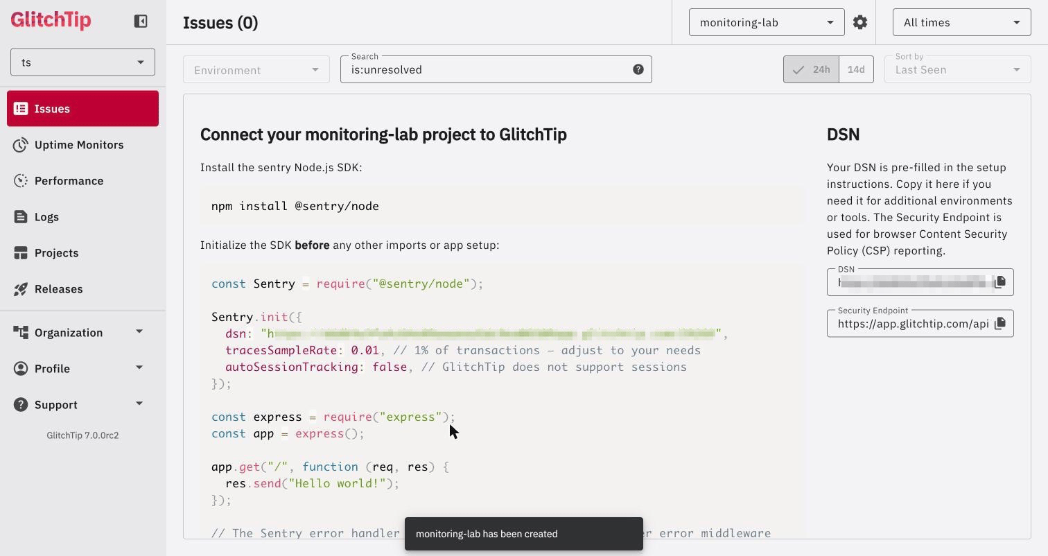 GlitchTip connect page with the Sentry Node.js snippet
