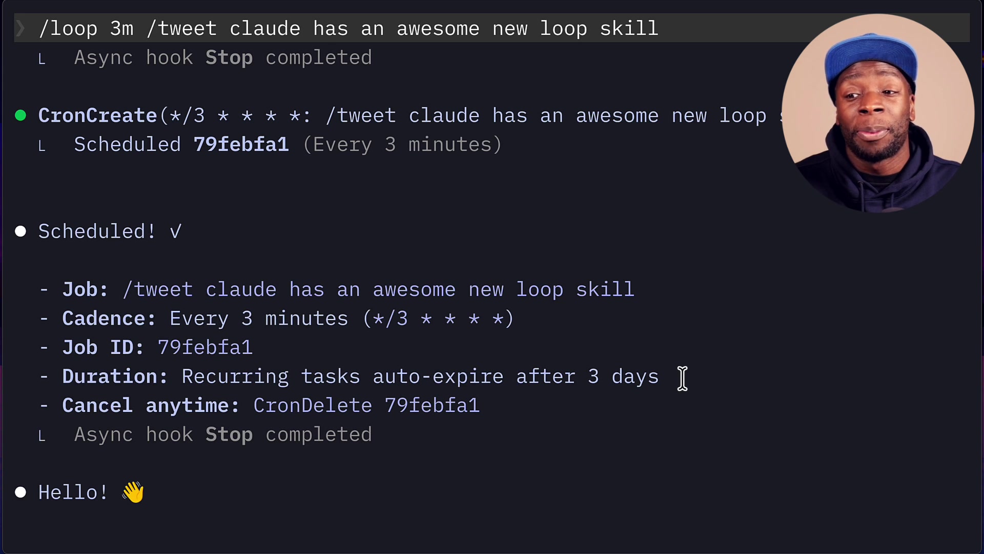 Close-up of the terminal line reading "Duration: Recurring tasks auto-expire after 3 days"